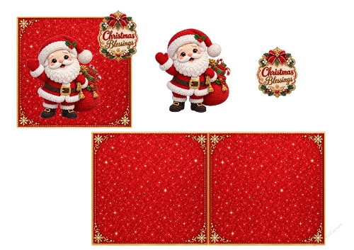 Cute Crochet Santa Claus 3D Decoupage Card Kit Red Glitter Printable A4 Sheet