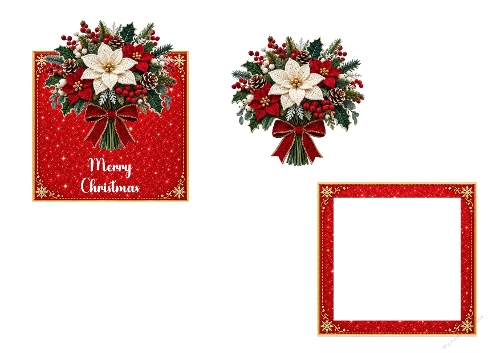 Christmas Poinsettia Bouquet 3D Decoupage Card Kit Red Glitter Printable A4 Sheet