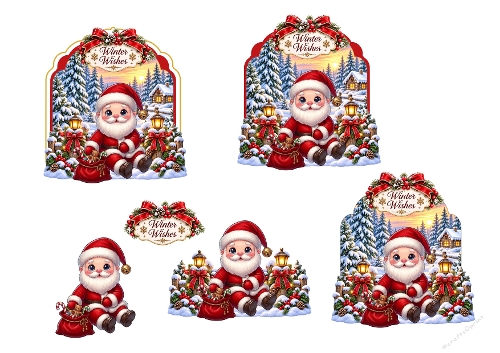 Cute Santa Claus Winter Village 3D Decoupage Card Kit Printable A4 Sheet