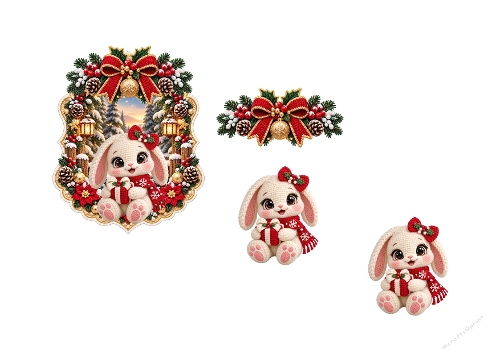 Cute Crochet Christmas Bunny Rabbit 3D Decoupage Card Kit Printable A4 Sheet