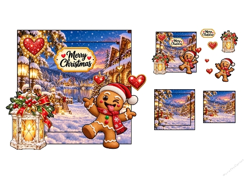 Cute Gingerbread Man Winter Village 3D Decoupage Card Kit Printable A4 Sheet