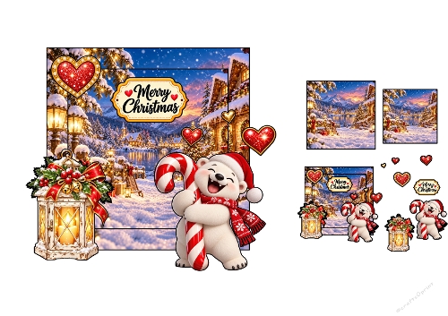 Cute Polar Bear Candy Cane Winter Village 3D Decoupage Card Kit Printable A4 Sheet