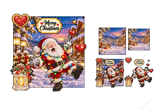 Funny Santa Tangled Lights Winter Village 3D Decoupage Card Kit Printable A4 Sheets