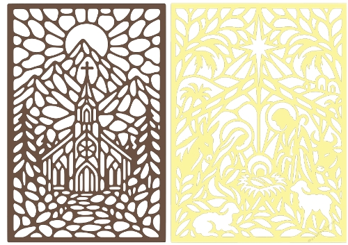 Religious Christmas Nativity and Church Stained Glass Papercut