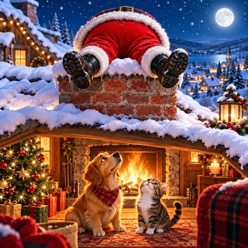 Funny Santa Stuck in Chimney Dog Cat Fireplace Clipart  