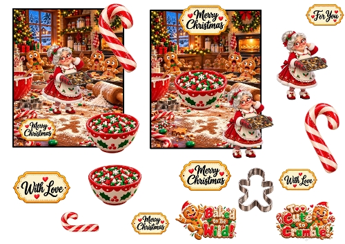 Kit Carte Découpage 3D Mère Noël Cuisine de Noël Biscuits Planche A4 Imprimable JPEG