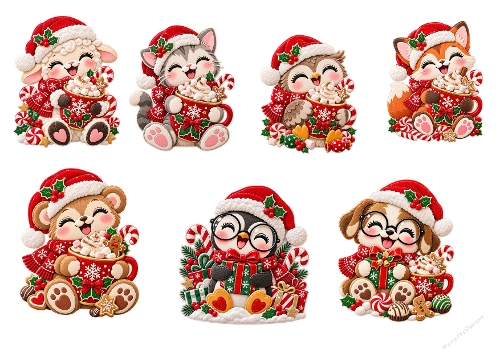 Kit Carte Découpage 3D Animaux de Noël Chocolat Chaud Planche A4 Imprimable JPEG