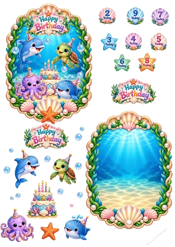 Under the Sea Birthday Party 3D Decoupage Card Making Kit Printable A4 Sheet JPEG