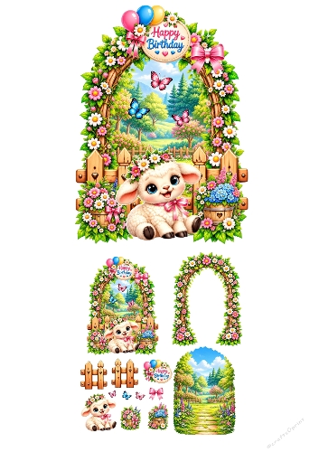 Cute Lamb Happy Birthday 3D Decoupage Card Making Kit Printable 
