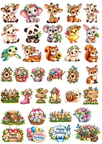Cute Baby Animals Spring Garden Birthday 3D Decoupage Card Making Elements Printable A4 Sheet JPEG