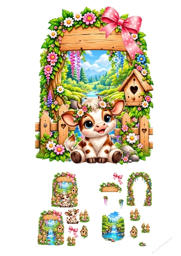Cute Baby Cow Floral Arch Spring Garden 3D Decoupage Card Making Kit 