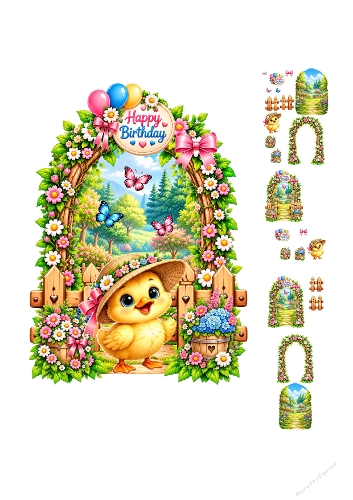Cute Baby Chick Easter Spring Floral Arch Happy Birthday 3D Decoupage Card Making Kit Printable A4 Sheet JPEG