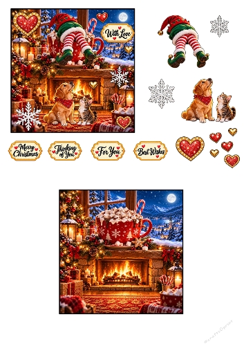 Funny Christmas Elf Hot Cocoa Dog & Kitten Fireplace 3D Decoupage Card Kit Printable A4 JPEG