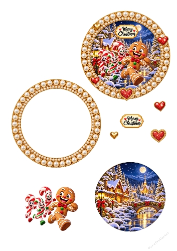 Cute Gingerbread Man & Candy Canes Pearl Frame Christmas 3D Decoupage