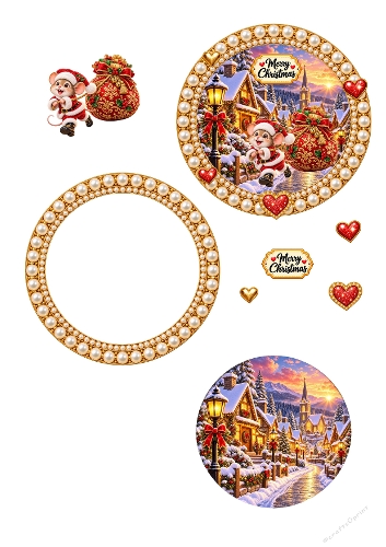 Cute Christmas Mouse Sack of Presents Pearl Frame 3D Decoupage Card Kit
