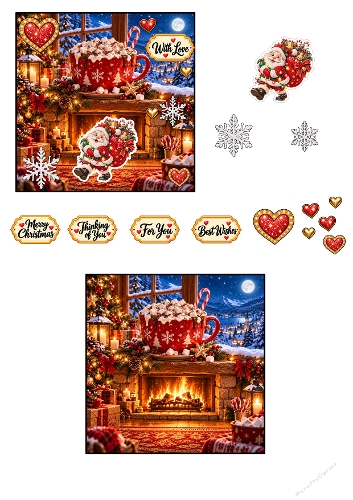 Jolly Santa Claus Hot Cocoa Fireplace Christmas 3D Decoupage Card Kit Printable A4