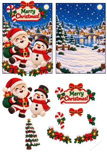 Cute Crochet Santa & Snowman Winter Village 3D Decoupage Card Kit Printable A4 Sheet JPEG