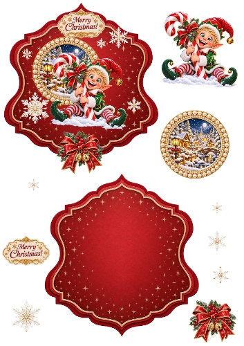 Cute Christmas Elf Candy Cane Pearl Frame Elegant Label 3D Decoupage Card Kit Printable