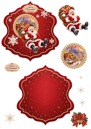 Jolly Santa Claus Sledding Pearl Frame Elegant Label 3D Decoupage