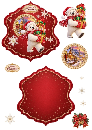 Cute Polar Bear Carrying Stack of Christmas Presents Pearl Frame Elegant Label 3D