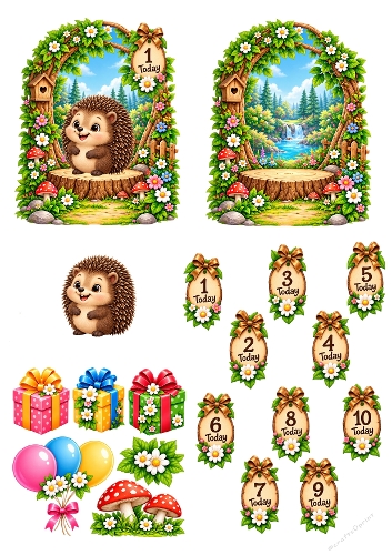 Cute Hedgehog Garden Birthday Age Numbers 3D Decoupage Card Kit Printable A4 Sheet JPEG