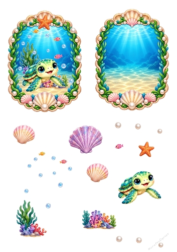 Cute Sea Turtle Underwater Seashell Frame 3D Decoupage Card Kit Printable A4 Sheet JPEG