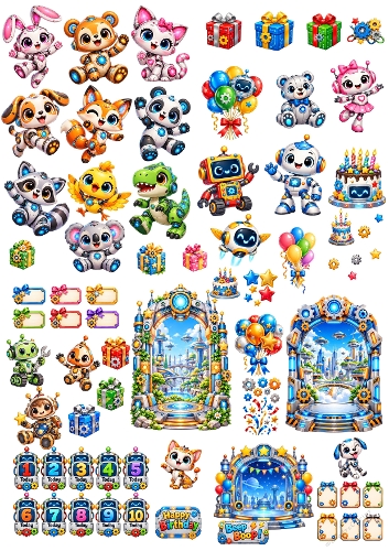 Futuristic Robot Animals and Tech Birthday 3D Decoupage Card Kit Printable A4 Sheet JPEG