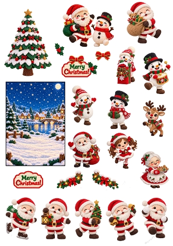 Crochet Christmas Characters and Festive Elements 3D Decoupage Card Kit Printable A4 Sheet JPEG