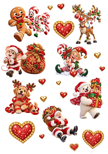 Cute Christmas Characters and Sparkling Hearts 3D Decoupage Card Kit Printable A4 Sheet JPEG