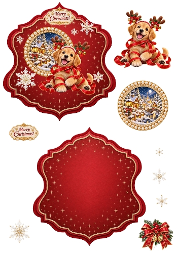 Adorable Christmas Puppy with Festive Frames and Snowflakes 3D Decoupage A4 JPEG Sheet