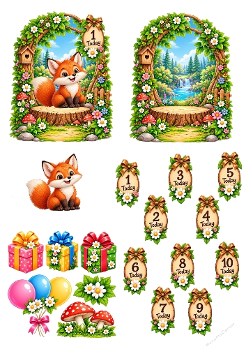 Cute Forest Fox and Birthday Numbers 3D Decoupage Card Kit Printable A4 Sheet JPEG