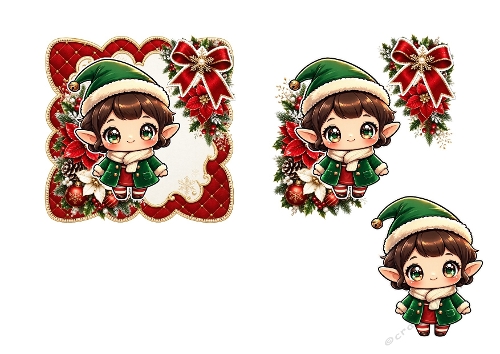 Adorable Christmas Little Elf with Festive Frame and Red Bow 3D Decoupage Printable A4 Sheet JPEG   