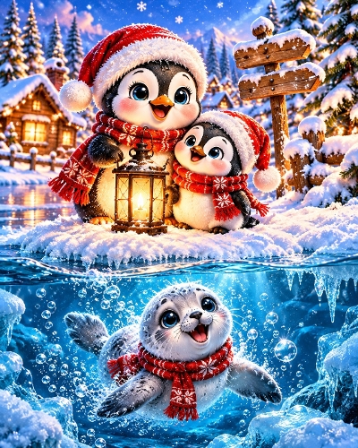 Cute Christmas Penguins and Baby Seal in Snow and Underwater Illustration 1122x1402px JPEG   