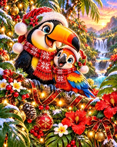 Cute Christmas Toucan and Parrot in Tropical Rainforest Illustration 1122x1402px JPEG