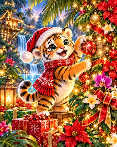 Cute Christmas Tiger Cub Decorating Tree Tropical Illustration 1122x1402px JPEG