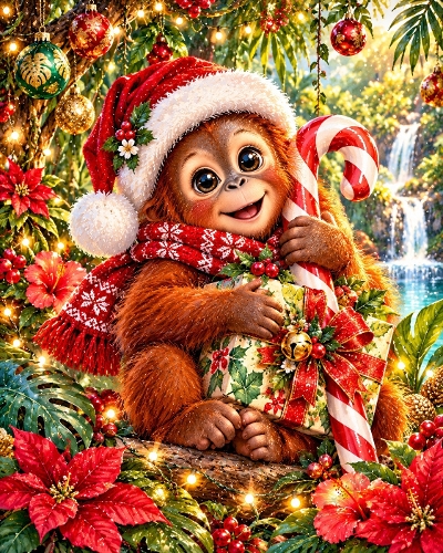 Cute Christmas Orangutan with Candy Cane Tropical Illustration 1122x1402px JPEG