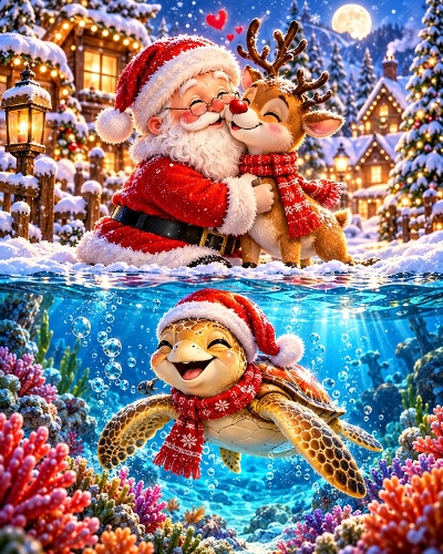 Cute Santa with Reindeer and Sea Turtle Underwater Illustration 1122x1402px JPEG