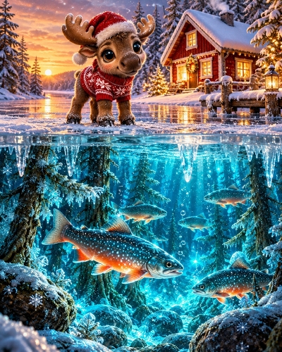 Cute Christmas Reindeer and Trout Underwater Illustration 1122x1402px JPEG