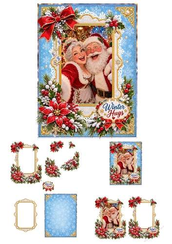 Santa and Mrs Claus Winter Hugs A4 3D Decoupage Card Making Kit 2 Sheets JPEG