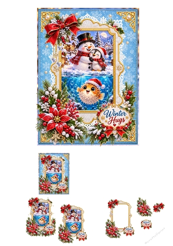 Snowman Penguin and Pufferfish Winter Hugs A4 3D Decoupage Card Making Kit 2 Sheets JPEG
