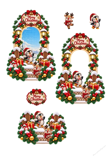 Crochet Christmas Penguin and Reindeer A4 3D Decoupage Card Making Kit 2 Sheets JPEG