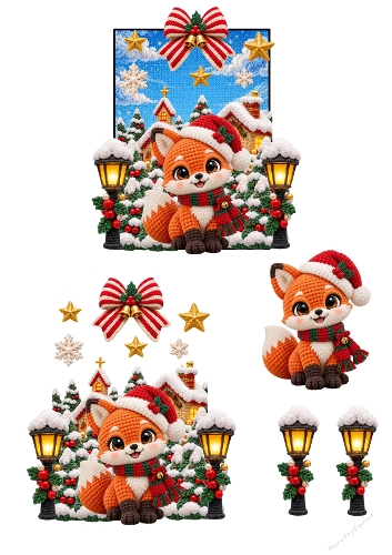 Crochet Christmas Fox Village A4 Decoupage Card Sheet JPEG