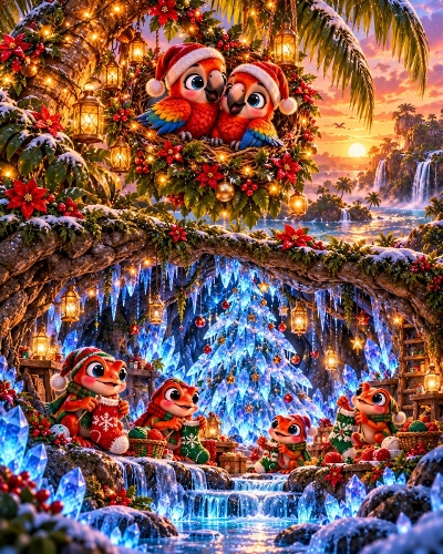 Cute Christmas Macaws and Frogs Tropical Forest Illustration 1122x1402px JPEG