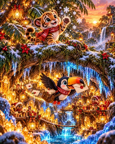 Cute Christmas Tiger Cub and Toucan Postman Illustration 1122x1402px JPEG