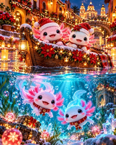 Cute Christmas Axolotls Mexican Gondola Illustration 1122x1402px JPEG