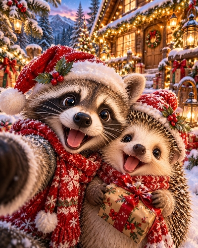 Cute Christmas Raccoon and Hedgehog Selfie Illustration 1122x1402px JPEG