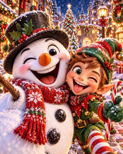 Cute Christmas Snowman and Elf Selfie Illustration 1122x1402px JPEG