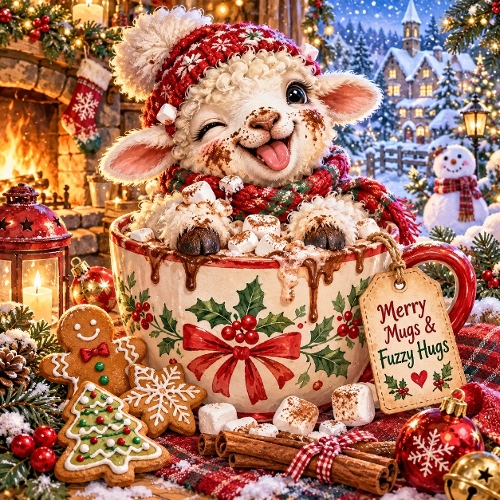 Cute Christmas Lamb in Hot Cocoa Mug Illustration 1024x1024px JPEG