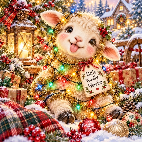 Cute Christmas Baby Lamb Wrapped in Christmas Lights Illustration 1024x1024px JPEG