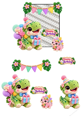 Cute Knitted Dinosaur Happy Birthday 3D Decoupage A4 Sheet JPEG